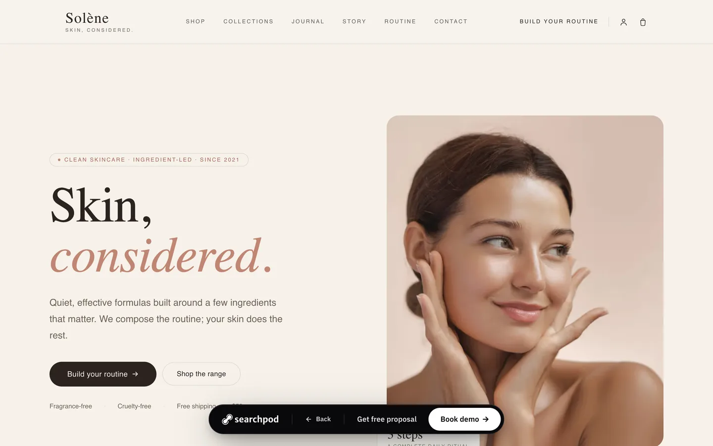 Sample e-commerce website designed by SearchPod for a fictional skincare brand