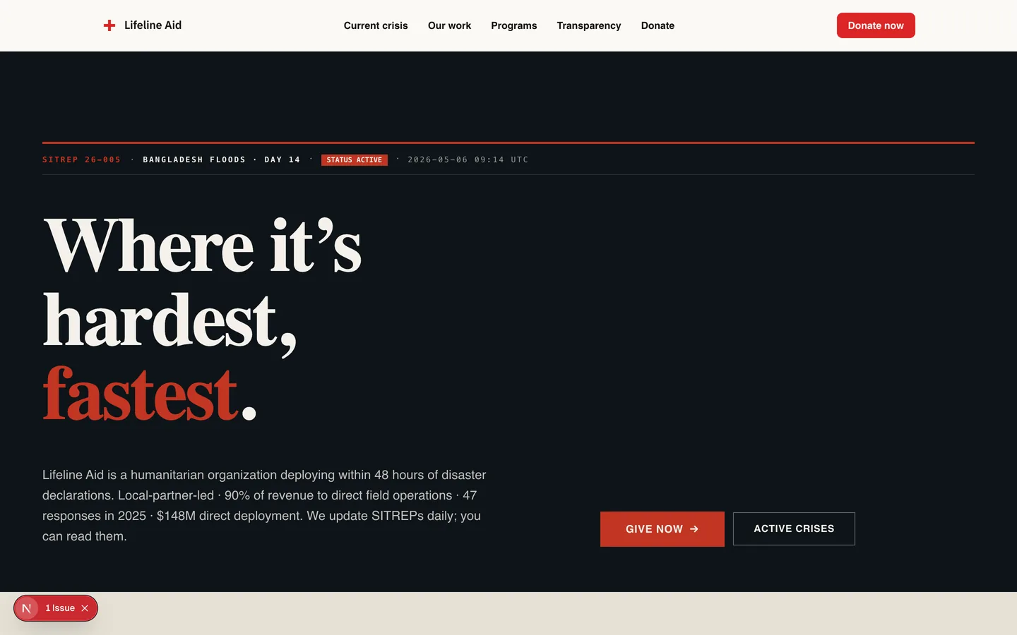 Lifeline Aid Foundation homepage hero — Where it's hardest, fastest