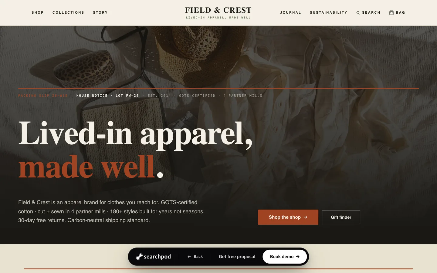 Field & Crest homepage hero — Lived-in apparel, made well