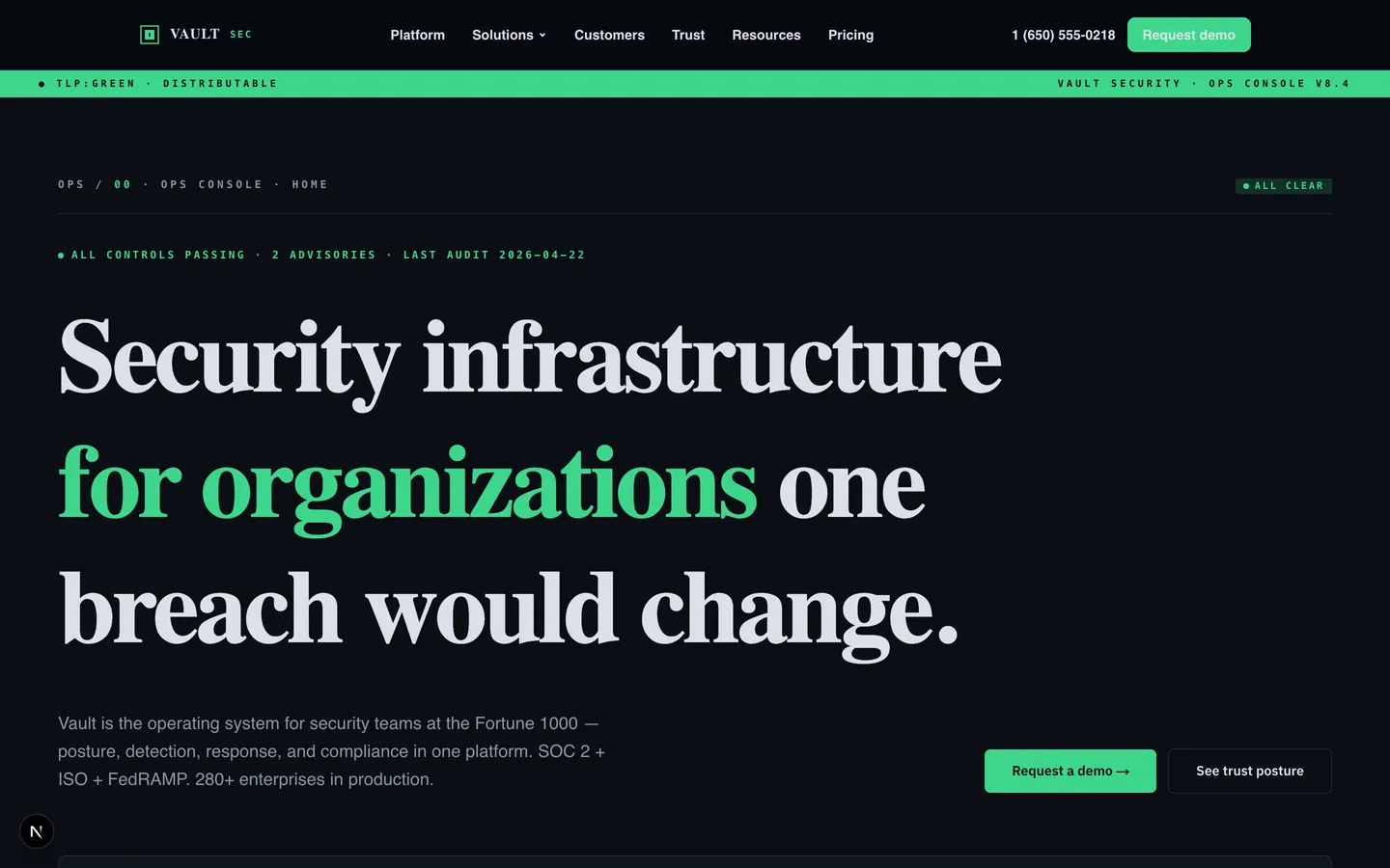 Vault Security homepage hero — Enterprise-grade security, SOC 2 ready